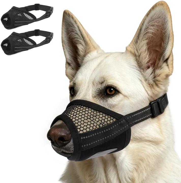 2 Pack Dog Muzzle for Large Dogs, Soft Mesh Breathable Muzzles to Prevent Biting Chewing Grooming, Adjustable Muzzle for Vet Visits Training Walking, Escape-Proof Dog Mouth Cover, Black, L