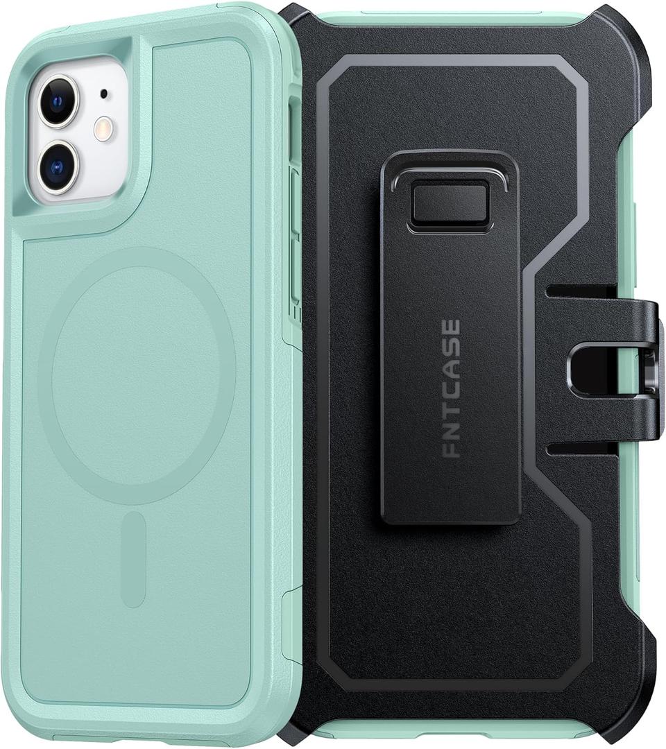 FNTCASE for iPhone 12 Magnet Case: Magnetic Dual Layer Protective Cell Phone Cover with Belt-Clip Holster | Military Grade Drop Proof Protection Durable Non Slip Textured Back Phonecase (Mint Green)
