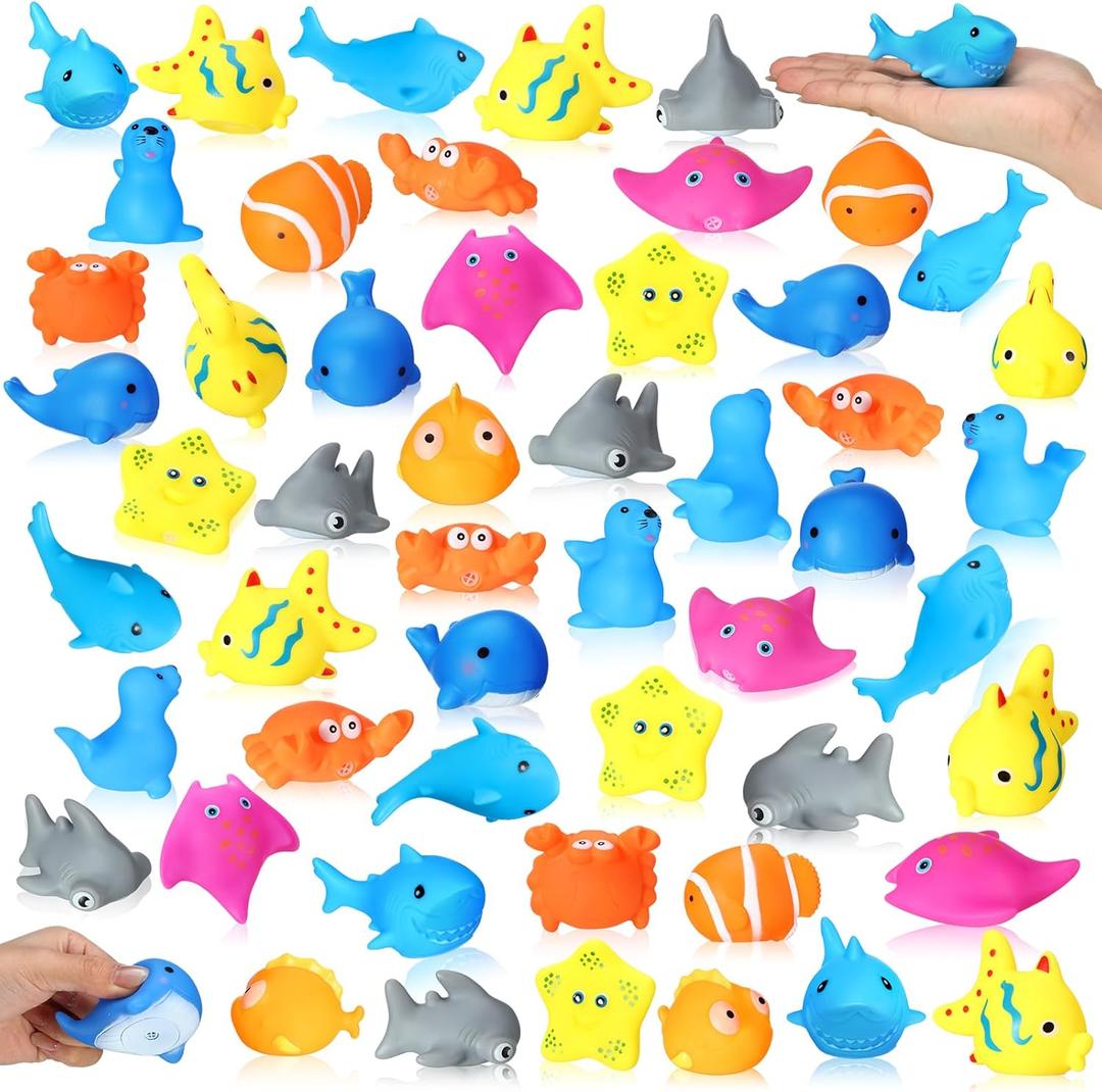 Poen 100 Pcs Rubber Bath Toys Bulk Cute Sea Animals Bathtub Toys Floating Ocean Squeaky Animals for Birthday Party Supplies Summer Pool Favors Baby Shower Classroom Carnival Prizes, 10 Styles