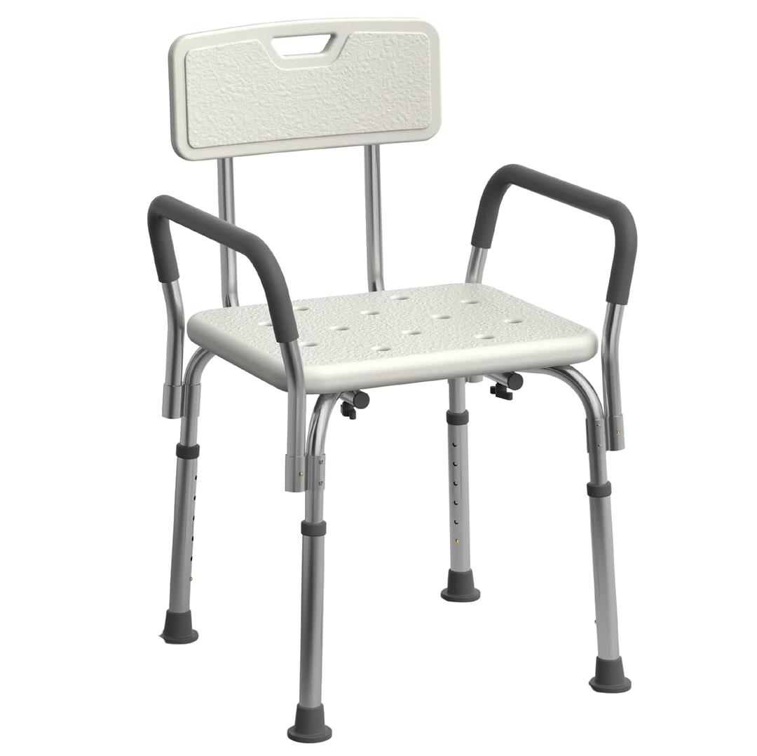 Medline Shower Chair Seat with Padded Armrests and Back, Heavy Duty Shower Stool for Bathtub, Slip Resistant Shower Seat with Adjustable Height, Shower Bench for Inside Shower with 350 lb Capacity (Pack of 1, White)
