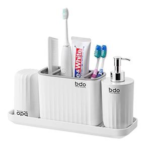 VITVITI Plastic Toothbrush Holder for Bathroom Organizer Countertop, Bathroom Counter Sink Organizer with Tumbler, Kids Soap Dispenser Set Drainage Tray for Toothpaste, White