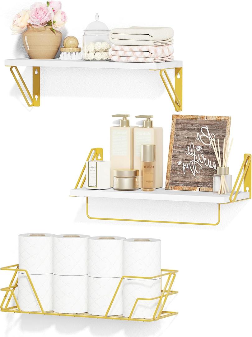 SRIWATANA 2+1 Floating Shelves for Wall, Bathroom Shelves Over Toilet with Metal Bar, Wall Shelves with Storage Wire Basket, Wood Shelves for Bedroom, Living Room, Kitchen (White & Gold)