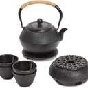 Juvale Tea Kettle Stovetop Japanese Cast Iron Tetsubin - 40 oz, Black - Cast Iron Tea Set & Teapot with Loose Leaf Infuser, Warmer & 4 Cups, Trivet