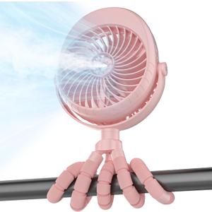 Misting Baby Stroller Fan, 4000mAh Rechargeable Battery Operated, 270Pivoting, 15H Cooling,50ml Portable Water Sprayer Misting Fan with Flexible Tripod Clip on Car Seat Crib Treadmill Bunk Bed (Pink)