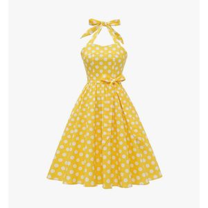 Women 50s Vintage Polka Dot Halter Cocktail Swing Dress Buttons Floral 1950s Rockabilly Audrey Hepburn Prom Tea Party Dress M