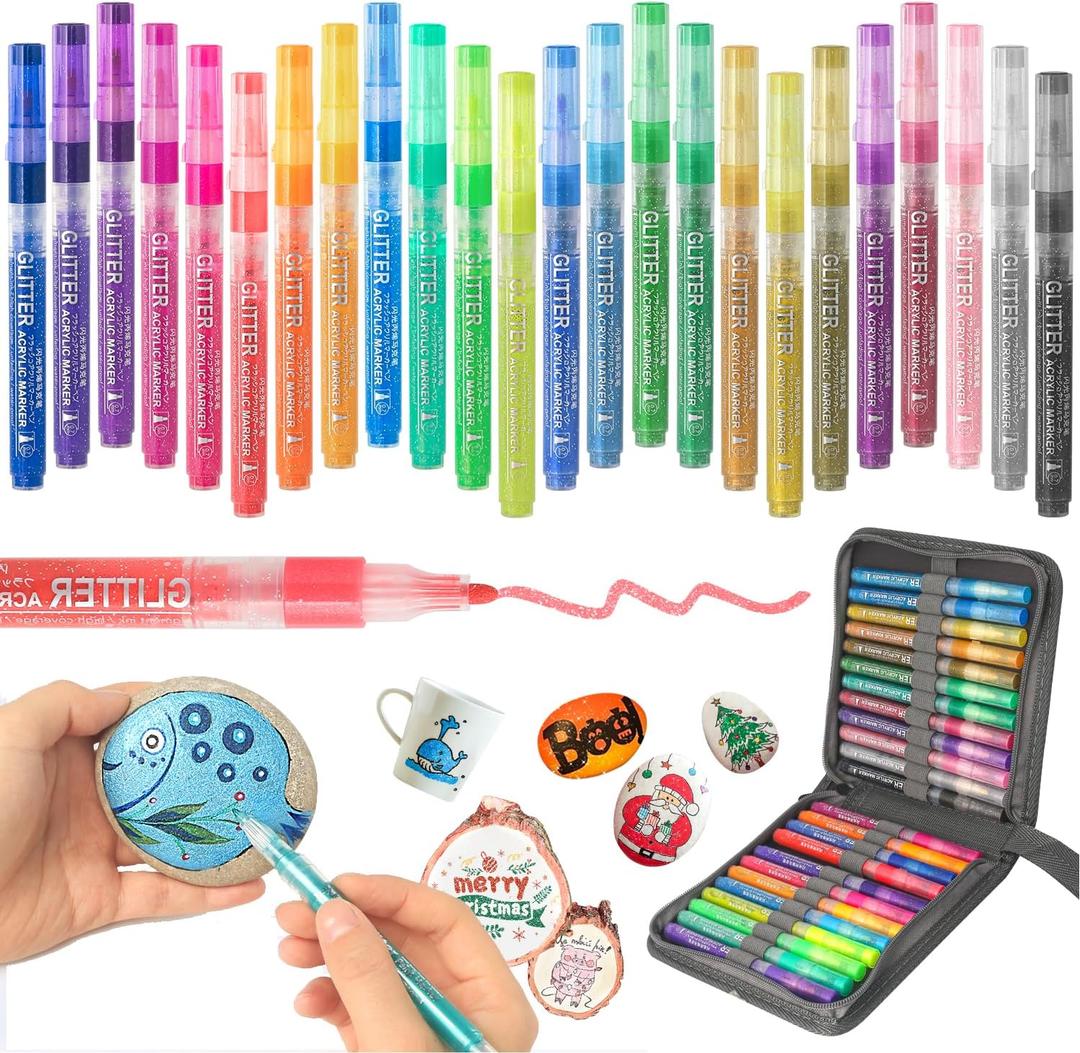 24-Color Glitter Acrylic Marker Pen, Glitter Metallic Shimmer Marker, Water-based Ink Glitter Pens for Rocks Egg DIY Crafts Making