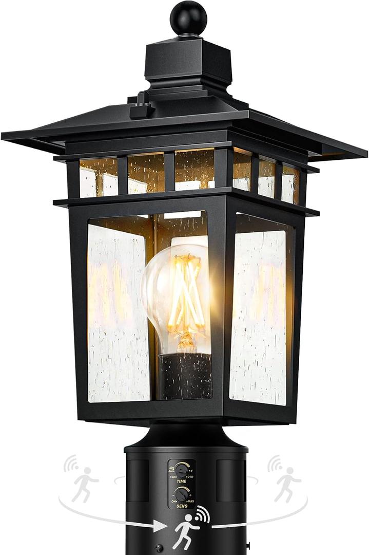 360 Motion Sensor Outdoor Post Lights, 4 Lighting Modes Lamp Post Light Fixture Dusk to Dawn, Waterproof Aluminum Black Pole Light Post Outdoor Lighting for Outside Garden Fence Yard,Hard Wired