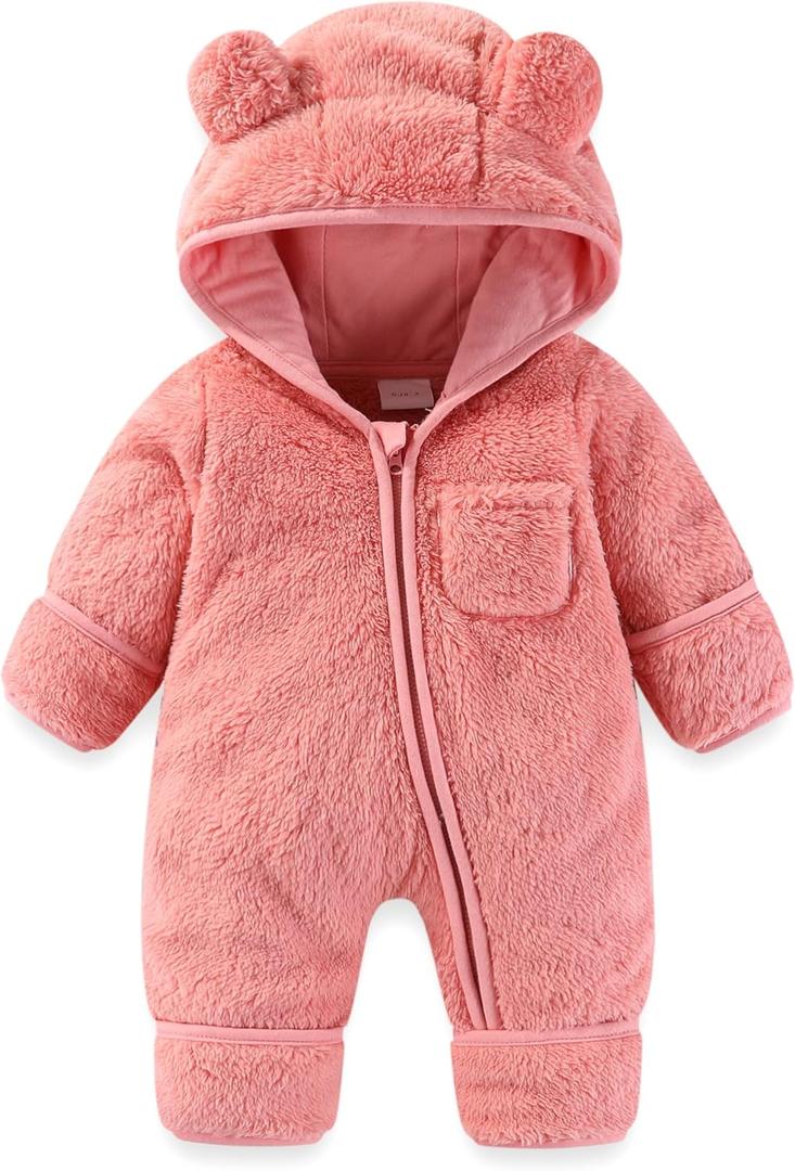 Newborn Baby Bear Outfit With Fold-Over Mittens and Footies Girls Boys Winter Fleece Clothes Hooded Romper Snowsuit (3-6 Months, Pink)