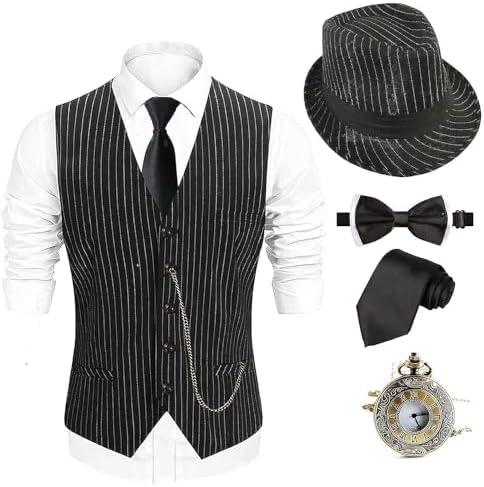 EFORLED 1920s Mens Costume Fedora Hat,Gatsby Gangster Vest,Vintage Pocket Watch,Pre Tied Bow Tie,Tie Large