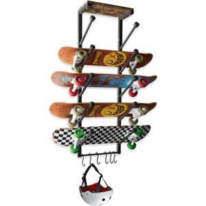 Koutemie Skateboard Rack Wall Mount with Five-Layer Skate Board Stand for Storage Longboard Deck Organizer, Skateboard Wall Display Hanger Holder with 6 Hooks for Home or Garage (Black)