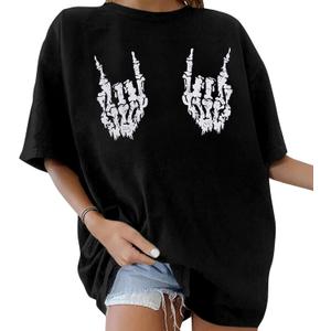 Skeleton Hand Oversized Tee Women Halloween Punk Rock Shirt Music Lover Rock N Roll Shirts Short Sleeve T Shirt (Medium, Black)