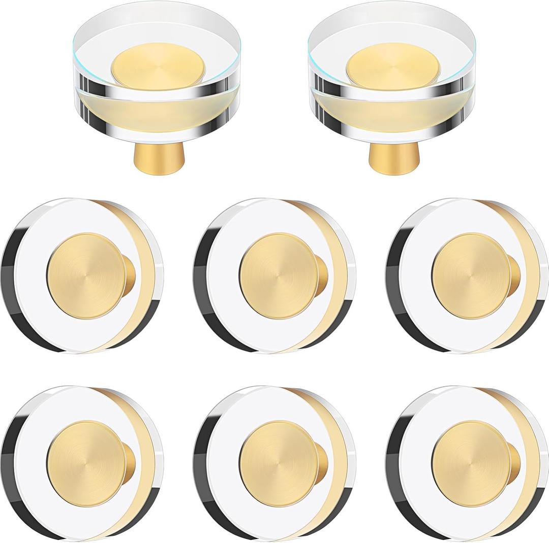 Hotop 8 Pieces Glass Cabinet Knobs Crystal Pulls Gold Cabinet Dresser Handle Bulk Brass Drawer Pull for Furniture Kitchen Cupboard Hardware Office Nightstand Decor (Round Style)