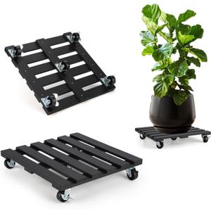 2 Pack Plant Stand with Wheels, 12" Rolling Plant Stand 264 LBS Heavy Duty Wooden Square Plant Caddy with Metal 360 Lockable Caster Wheels for Outdoor Indoor Large Plant Pots, Flower Pot, Patio-Black