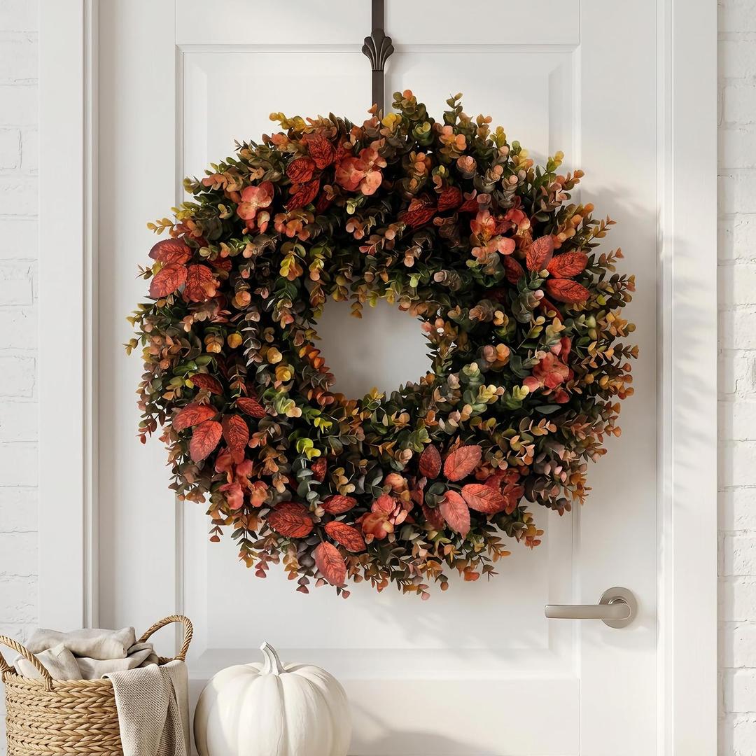 22 Inch Full and Lush Fall Wreath for Front Door, Eucalyptus Foliage with Red Hydrangea and Red Apple Leaves, Autumn Door Decor for Home, Porch, Wall and Entryway