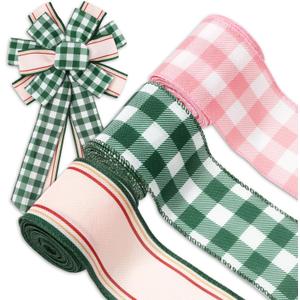 Gingham Wired Edge Ribbon 2.5 Inch Pink Green Plaid Fabric Wrapping Ribbon for DIY Crafts Wreath Bow Making Supplies, 18 Yard Gingham Wired Edge Ribbon 2.5 Inch Pink Green Plaid Fabric Wrapping Ribbon for DIY Crafts Wreath Bow Making Supplies, 18 Yard