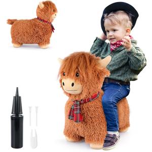 Bouncy Highland Cow Hopper Toys, Inflatable Cow Ride on Bouncer, Indoor Outdoor Highland Cows Plush Bouncy Horse for Toddlers & Kids, Bouncing Animals Toddler Toys, Toddler Gifts