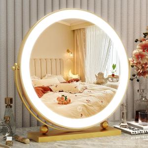 13 Inch Vanity Mirror with Lights, Round Make Up Mirror with Lighting, LED Mirror Makeup Mirror with Lights for Bedroom Tabletop, Smart Touch Control, 360 Rotation (Gold)