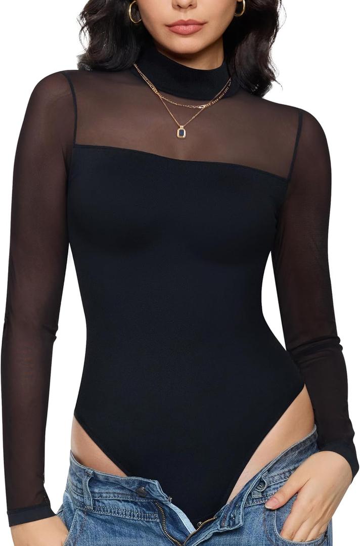 Nebility Women Long Sleeve Bodysuit Turtleneck - Mesh Shapewear Body Suit Tops Thong Going Out Tops Fall Outfits (Small, Black)