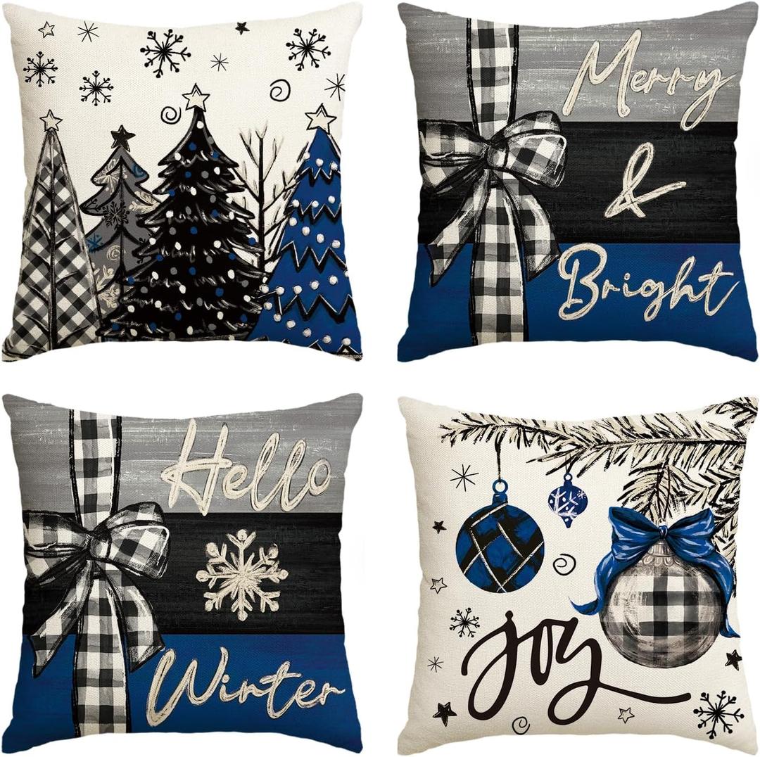 AVOIN colorlife Merry Christmas Joy Xmas Trees Blue and Black Throw Pillow Covers, 20 x 20 Inch Christmas Winter Holiday Cushion Case Decoration for Sofa Couch Set of 4