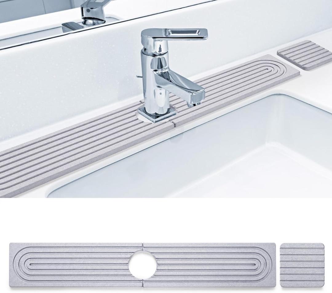 Qtencas Kitchen Sink Splash Guard, Diatomaceous Earth Faucet Mat for Kitchen Sink, Water Absorbing Stone Tray for Sink include 1 Coaster, Stone Drying Mat for Kitchen Counter (Grey, 24*4 inchs)