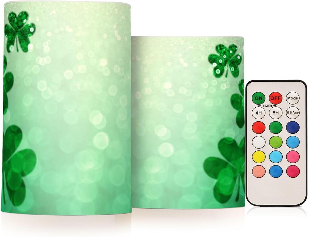 YETTASBIN St. Patrick's Day Clover Flameless Candles with Remote Control and Timer, Adjustable Brightness Long Lasting Battery Operated LED Pillar Candles for Indoor Outdoor Party Home Decor, 2 Pack