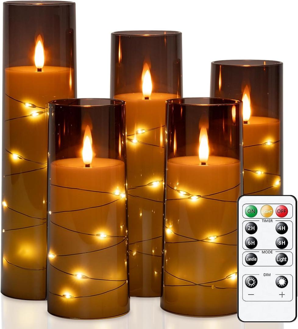 Raycare Flameless Candle with Remote Timer  5 Flickering Acrylic Battery Operated LED Pillar Candles with Embedded Star String for Christmas, Home Decor, and as a Gift(Grey)