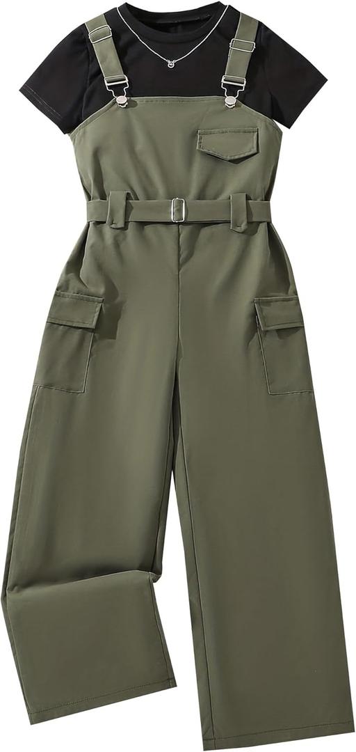 Girls Overalls Short Sleeve Top and Casual Wide Leg Jumpsuit 2 Pieces Outfits (11-12 Years, Army Green)