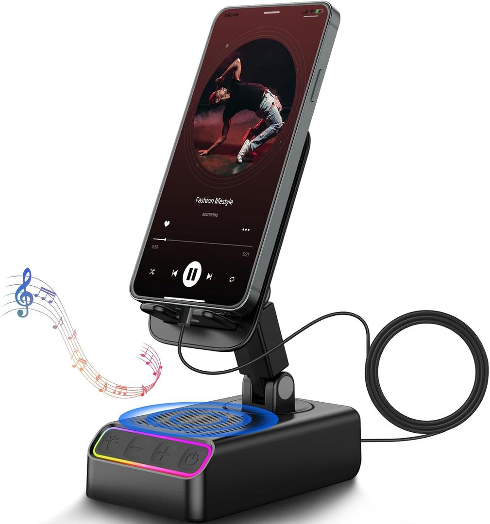 Wireless Induction Speaker(Cable Charging Only), Bluetooth Speaker Phone Stand Combo 5-in-1 Wireless Phone Stand with RGB Light, for All Phones and Tablets, Gift for Men Women