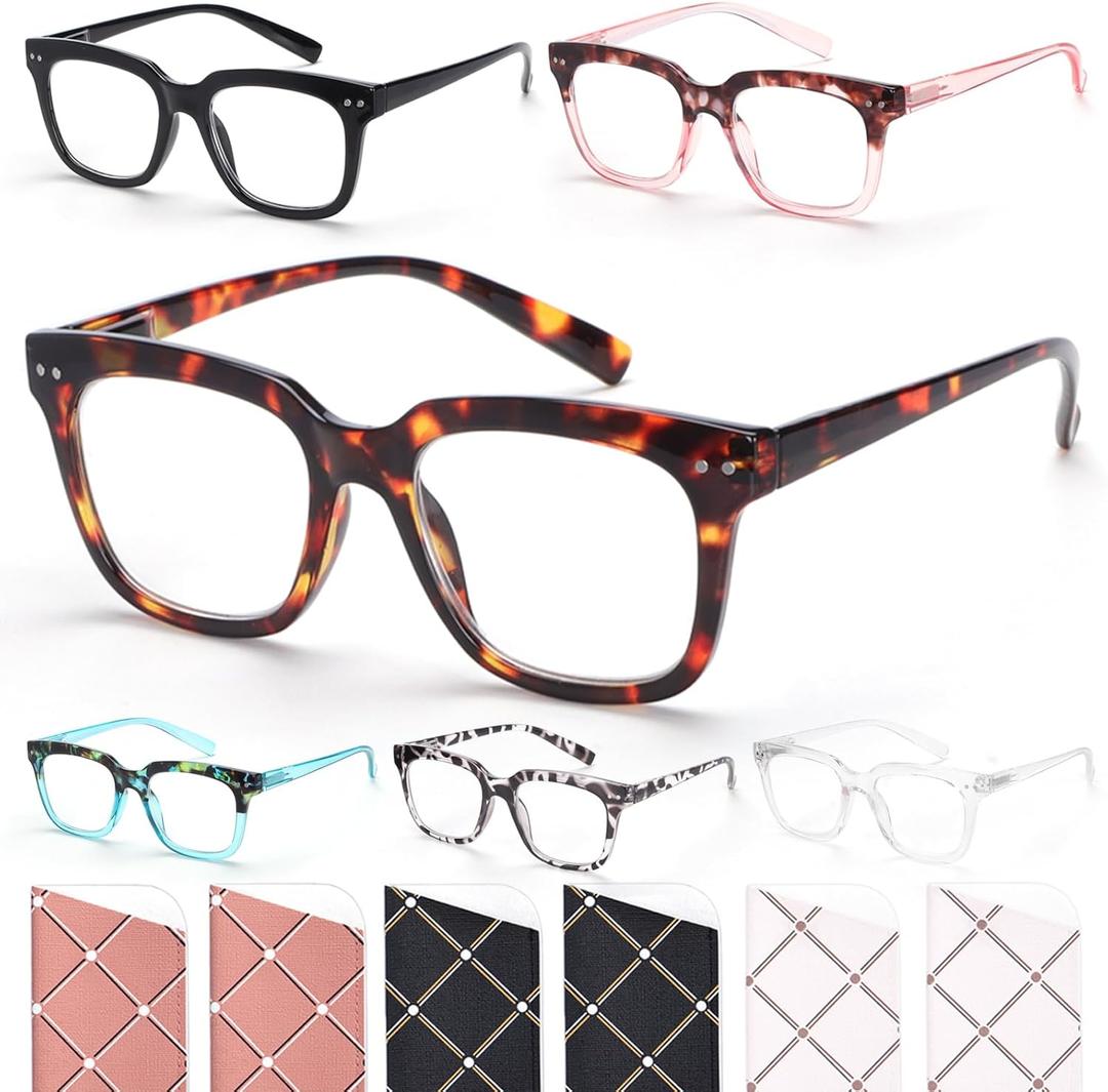 6 Pack Fashion Reading Glasses for Women Men Blue Light Blocking Oversized Square Readers with Spring Hinge