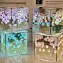 4 x Handmade DIY Tulip Night Lamp, Cube Mirror Bedroom Tulip Night Lamp, 20 Flower Table Lamp and Mirror 2 in 1, Birthday Gifts for Women and Girls (Blue Tulips)