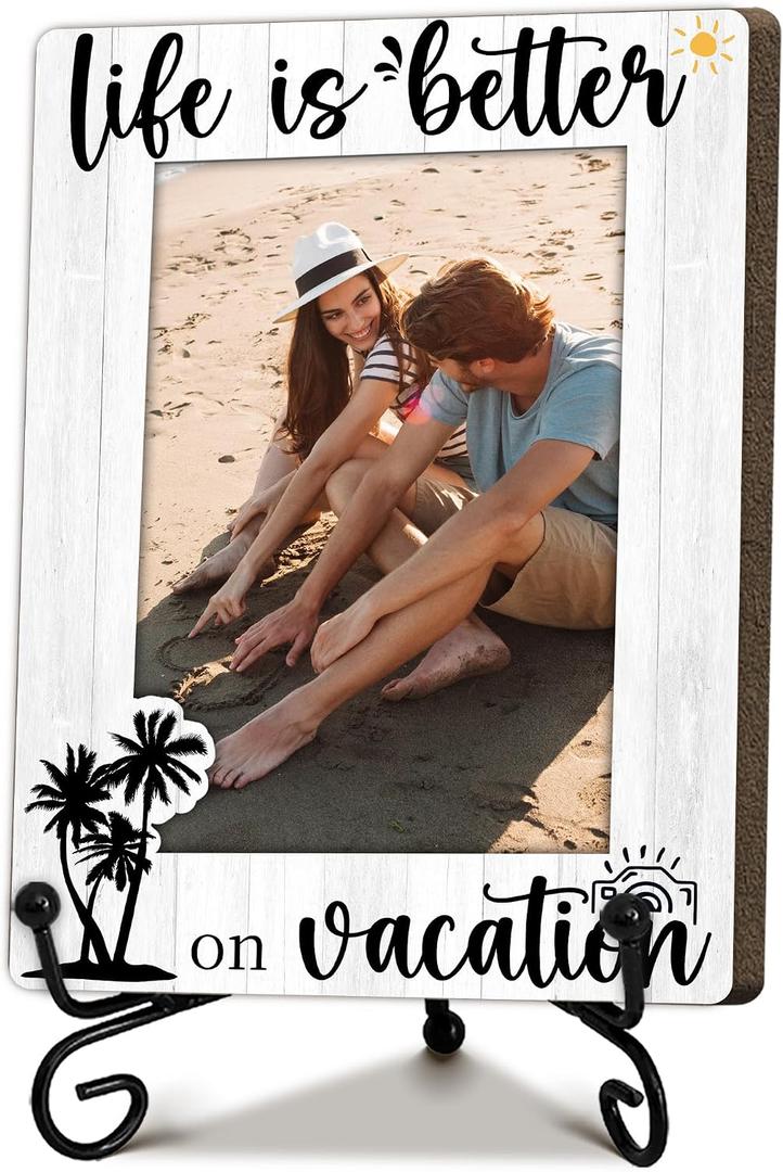 Eronm Solid Wood Beach Picture Frames for 4 x 6 Inch Photo, Life is Better on Vacation Wooden Photo Frame with Stand, Vacation Gifts for Family Friend, Home Office Desk Decor Party Decoration-A25