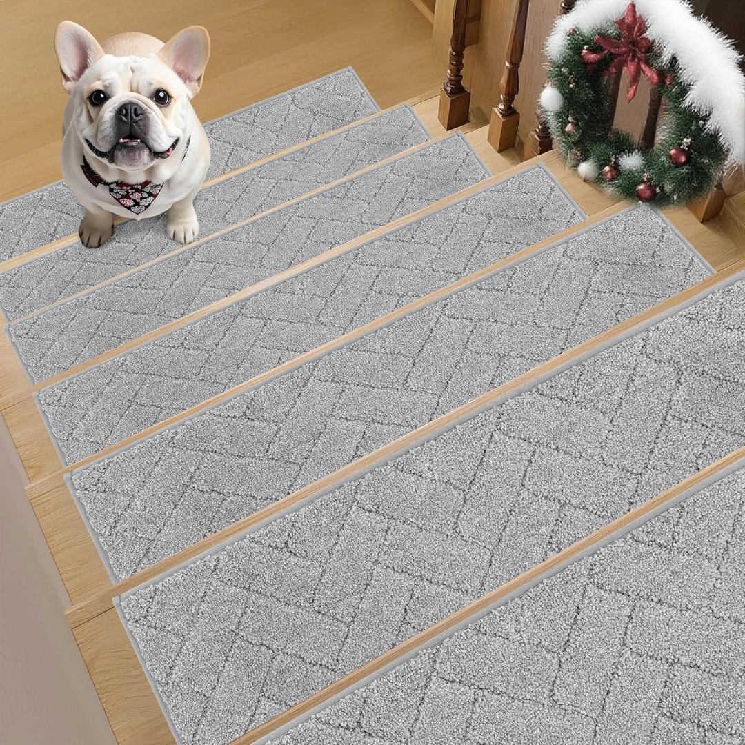Non-Slip Stair Treads for Wooden Steps Indoor, 15 Pack 9" X 28" Edging Stair Runner with TPE Backing, 0.4" Thick Stair Rugs for Kids Elders & Pets, 100% Polyester Soft Carpet Stair Mats, Light Grey