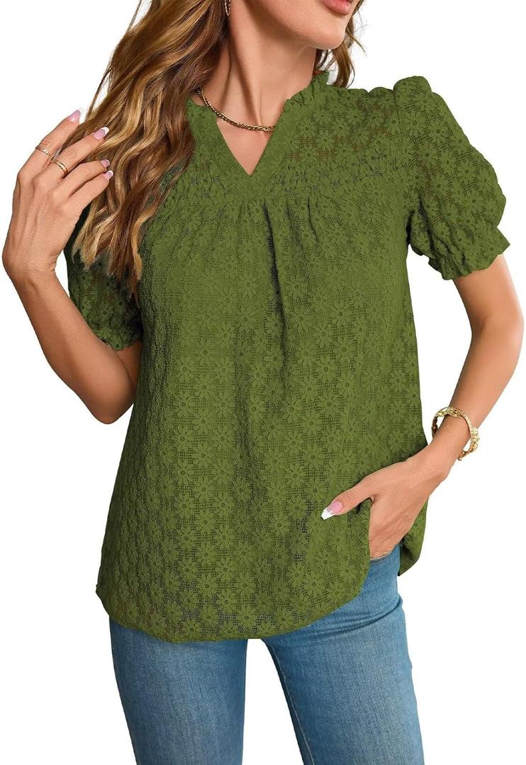 Tops For Women 2025 Boho Floral Short Puff Sleeve Shirts Summer Flowy V Neck Casual Lace Blouses (Green, XL)