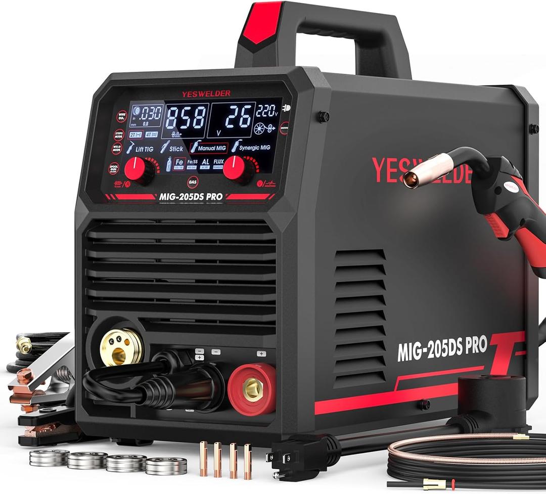 YESWELDER 205A MIG Welder, 110V/220V Dual Voltage, 5 in 1 Gas MIG/Flux Core MIG/Spool Gun MIG/Lift TIG/Stick Multiprocess LED Digital Display Aluminum MIG Welding Machine MIG-205DS PRO, 20 x 16 x 14 inches