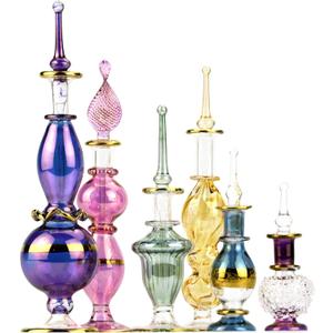 NileCart Egyptian Perfume Bottles 2-5 in Collection Set of 6 Hand Blown Decorative Glass with Handmade Golden Egyptian Decoration for Perfumes & Essential Oils