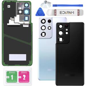 Back Glass Replacement for Samsung Galaxy S21 Ultra 5G SM-G998 Back Cover Rear Housing with Camera Lens + Repair Tool Kit Genuine Rear Glass (Black) | Original quality back glass replacement rear glass battery cover back cover replacement with camera lens repair kit.