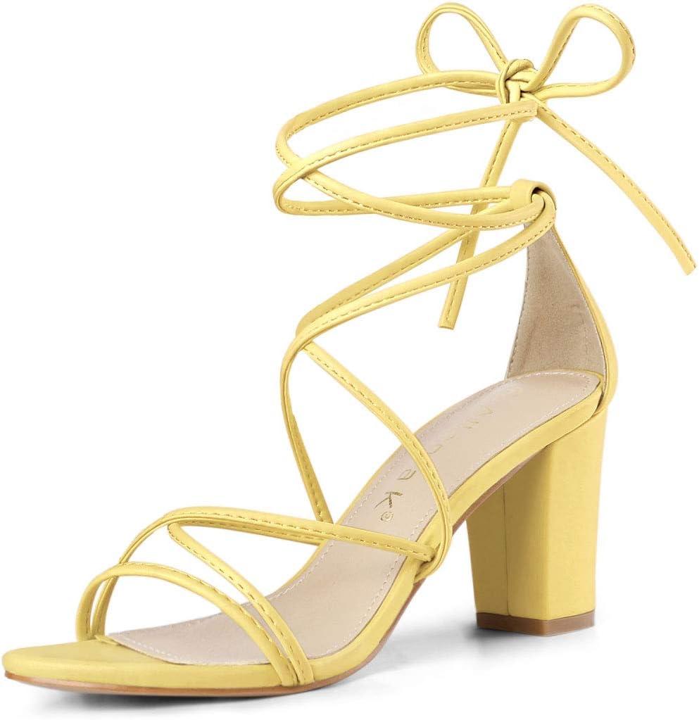 Allegra K Women's Strappy Lace Up Chunky Heeled Sandals (8.5, Yellow)