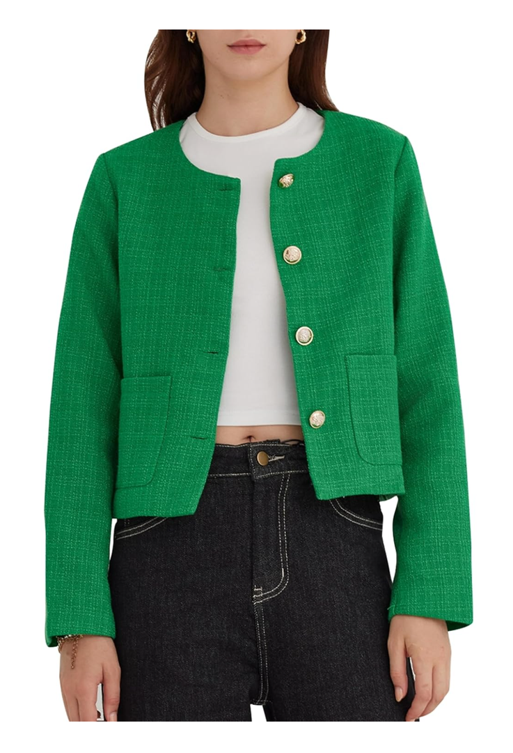 LifeShe Tweed Jacket Women Cropped Long Sleeve Work Blazers Fall Casual Open Front Office Coats
L