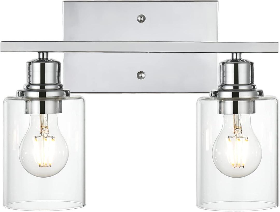 VINLUZ Bathroom Light Fixtures in Chrome Finish,2 Light Industrial Indoor Wall Sconce with Clear Glass Shade Metal Vanity Lighting Over Mirror Bulb Not Included