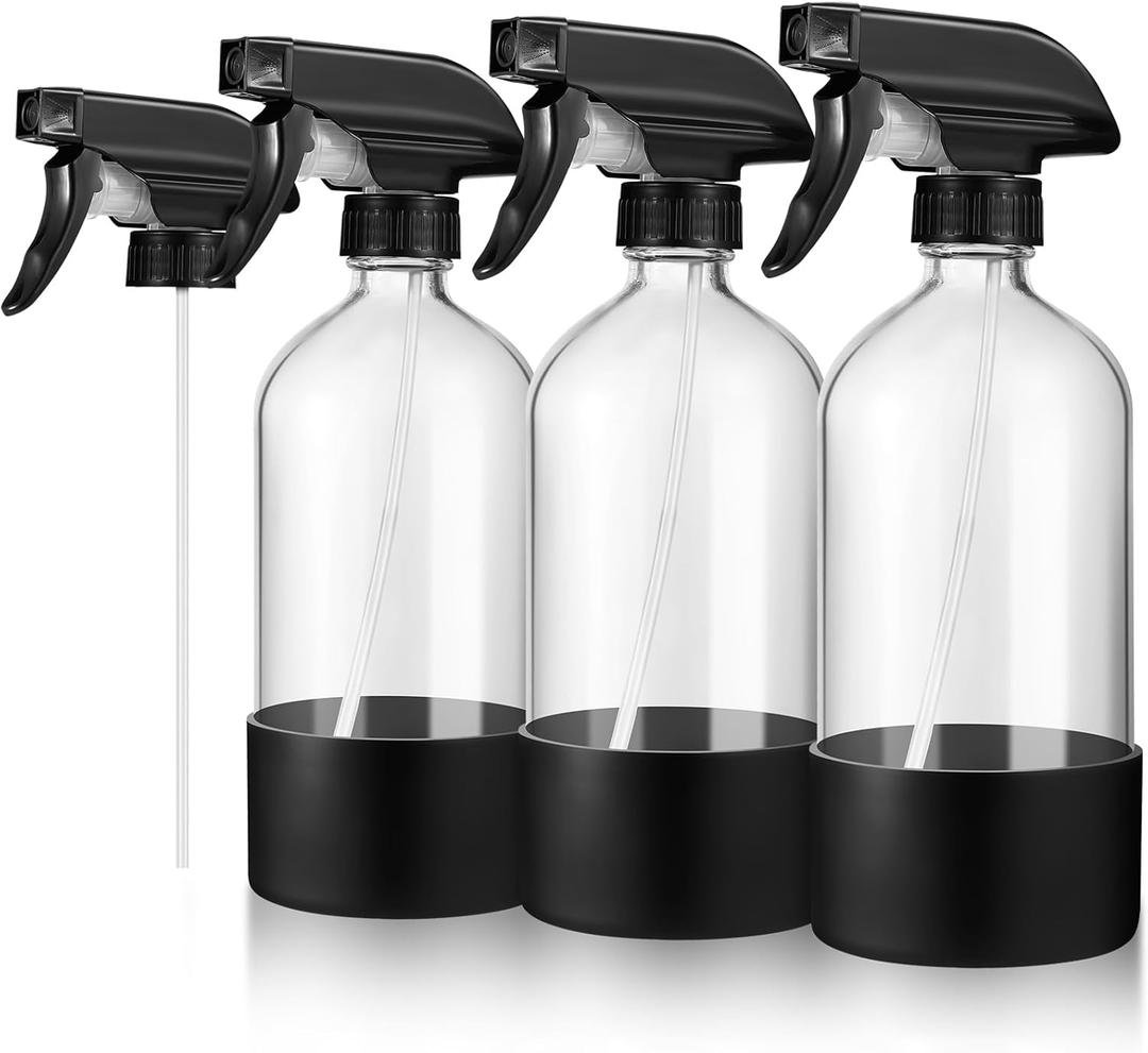 3 Pcs 16oz Empty Glass Spray Bottle with Black Silicone Sleeve Protection - Refillable Boston Round Containers with Adjustable Nozzle for Cleaning Solutions, Essential Oils, Misting Plants, Gardening