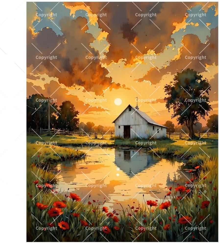 Rustic Landscape Paint by Numbers Kit for Adults - DIY Barn and Wildflowers at Sunset Painting on Canvas, Acrylic Paint Set, Suitable for Beginners, Art for Home Decoration or Gifts(16X20IN Framed)