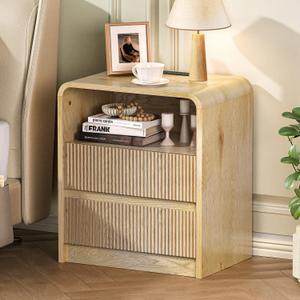 Modern Fluted Night Stand with Charging Station, 25" Tall Wood Nightstand Bedside Table with 2 Drawers & USB Ports, Mid-Century End Table for Bedroom (1, Nature Fluted, 2 Drawers)