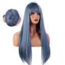 Blue Wig with Bangs Long Straight Blue Wig for Women Girls Heat Resistant Synthetic Hair for Cosplay Party Halloween Costume
