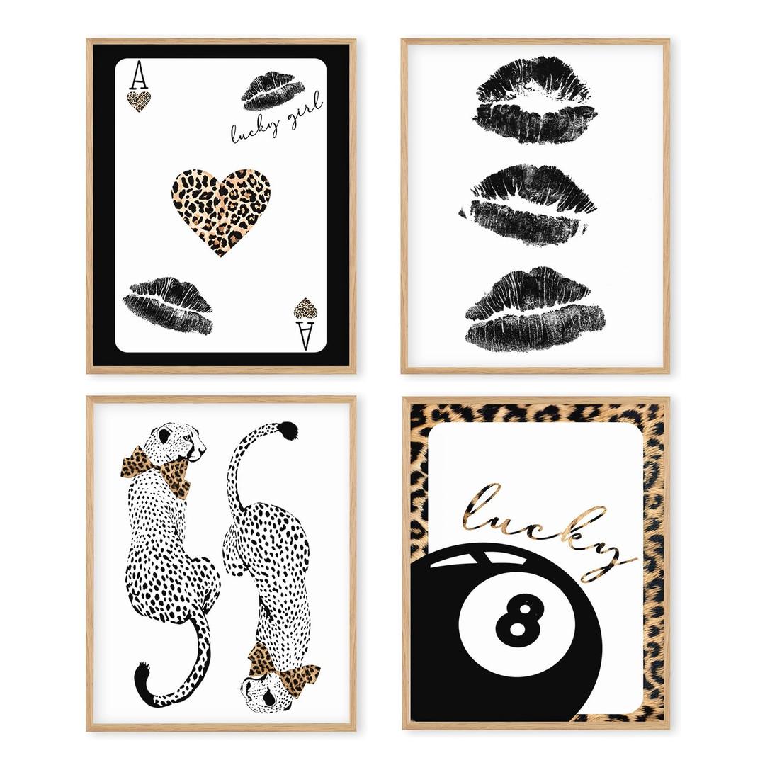 Boat Wades Black and White Leopard Wall Art Prints Set of 4, Cheetah Print Room Decor, Retro Leopard Poker Lips Lucky 8 Ball Posters Pictures Wall Decor for Girls Bedroom Apartment, 8x10 Unframed
