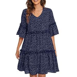 Funlingo Casual Ruffle Dress Elegant Tunic Dress Summer Midi Dresses Short Sleeve V Neck Swing Dress Polka Dot Knee Length Dress Blue Petite Small