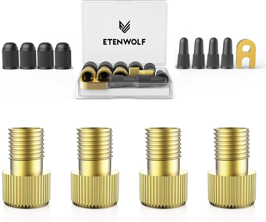 ETENWOLF Brass Presta Valve Adapter 4 Pack, Convert Presta to Schrader Valve Adaptor, Easy Inflation with Standard Pump or Air Compressor, Includes 8 Valve Caps