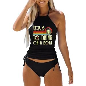 Womens Two-Piece Tankini Set Cow Skull with Leopard Print Sets Swimwear Tankini Top Sets Swimwear (Medium, Black-2)