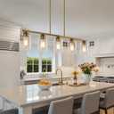 Mecgirn Island Light for Kitchen, Brushed Brass Dining Room Light Fixture Over Table, 5-Light Linear Chandelier Pendant Lighting for Dining Table Kitchen Island Living Room