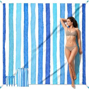 Blue Striped Beach Blanket, Large 79" x 83" Sandproof Waterproof Beach Mat | Lightweight Quick-Dry Foldable Picnic Blanket with 4 Stakes & Carry Bag for Beach, Travel, Camping