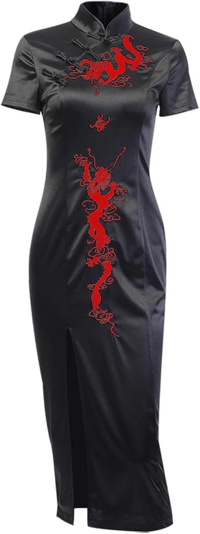 Womens Chinese Clothing Gothic Dress Cheongsam Dresses Vintage Black Slit Hem Sexy Evening Dress (Medium)
